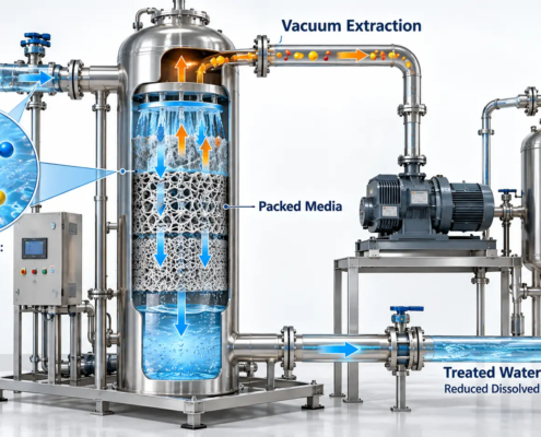 Industrial water degassing system showing removal of dissolved CO2, oxygen, and hydrogen sulfide