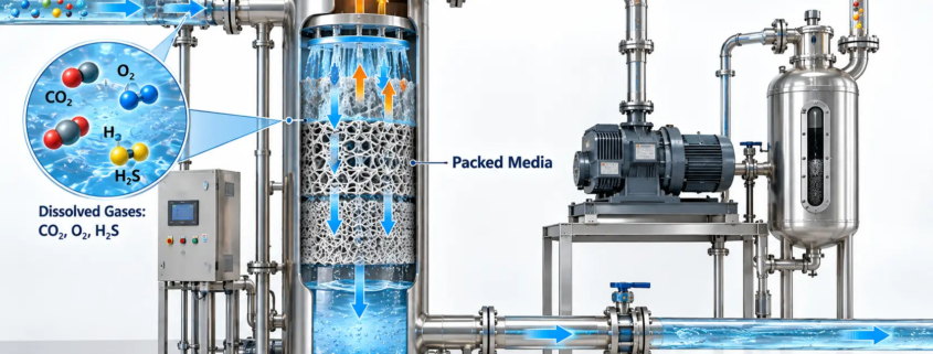 Industrial water degassing system showing removal of dissolved CO2, oxygen, and hydrogen sulfide